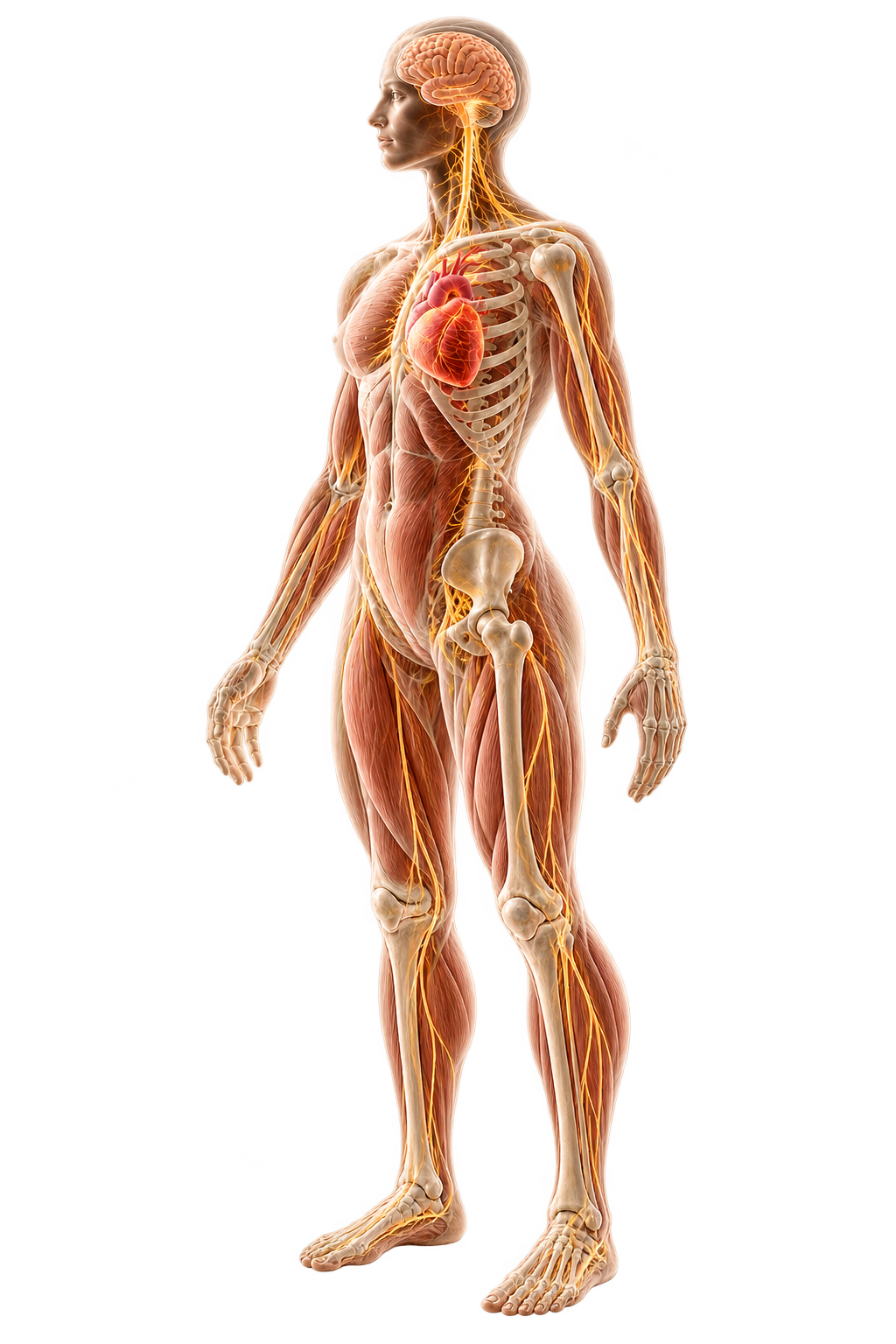 Anatomische Ganzkörperillustration mit Gehirn, Nervensystem, Herz, Muskeln und Knochen